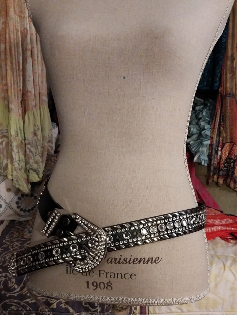 Studded Black  Belt with Rhinestone Buckle